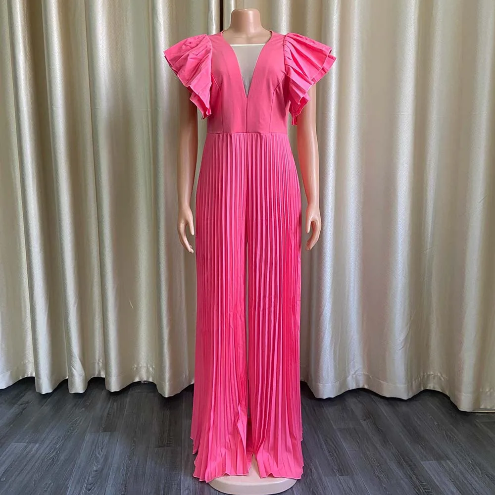 Pleated Jumpsuits for Women Elegant 2024 New V Neck Ruffles Sleeve High Waisted Floor Length Luxury Party Dinner Celebrate Cloth