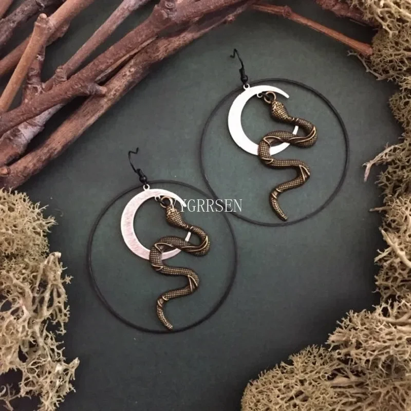 New Goth Moon Bronze Harvest Snake Earrings Jewelry Wicca Big Snake Statement Rock Weird Darkness Women Gift Hallowee Grunge