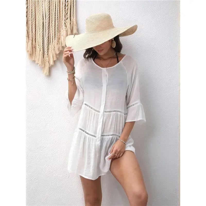CYL-Womens Summer Button Down Shirt Dress Hollow Out Mini Dress 3/4 Bell Sleeve Tiered Dress Loose Beach Dress