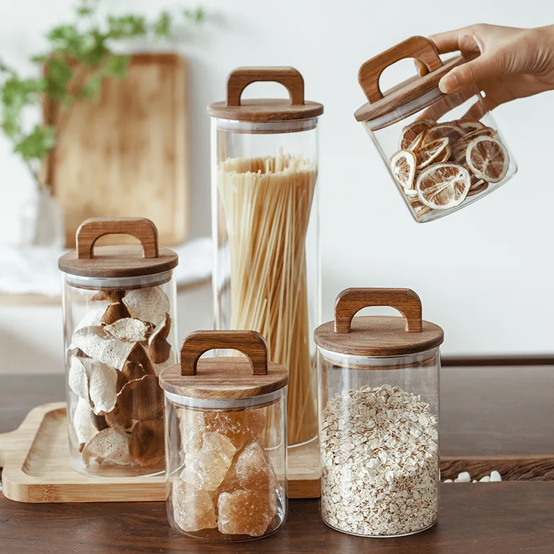 Kitchen Glass Storage Jar Transparent Sealed Jar Large-capacity Wooden Lid Coffee Bean Glass Bottle Portable Glass Container