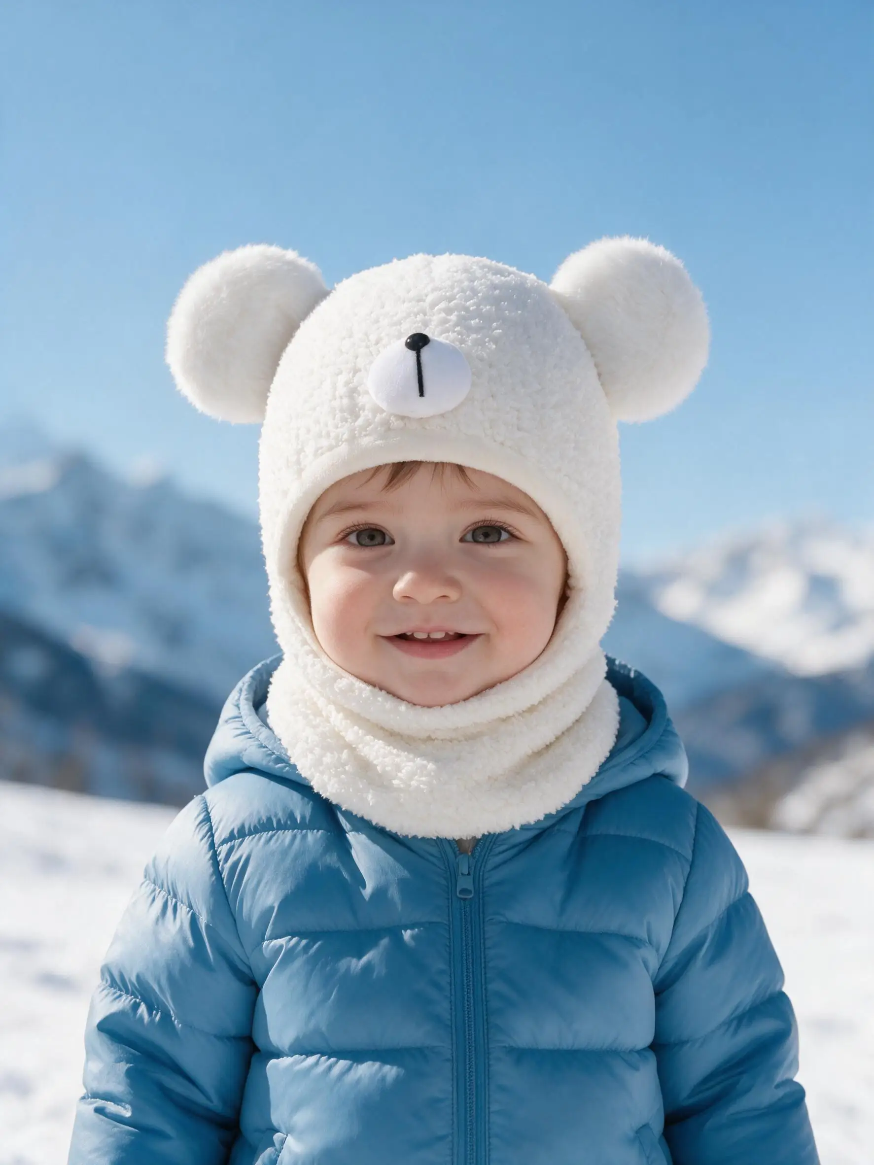 1pcs 1-3Y Cute Boys Kids Knit Balaclava, Bear Ear Decor Integrated Hat Scarf Wrap Cap