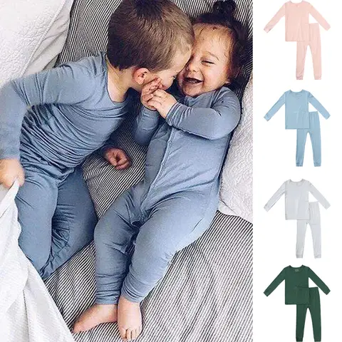 2025 New Arrivals Bamboo Fiber Toddler Baby Children's Pajamas Sets Suit For Girls Solid Long Sleeve Top+Pants Boys Sleepwear