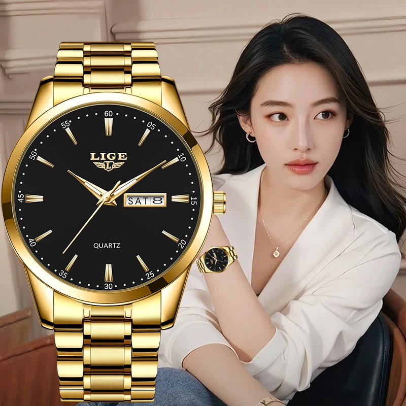 LIGE Fashion Elegant Quartz Woman Watch Luxury Casual Simple Waterproof Date Weeks Stainless Belt Women's Wristwatch Reloj Mujer