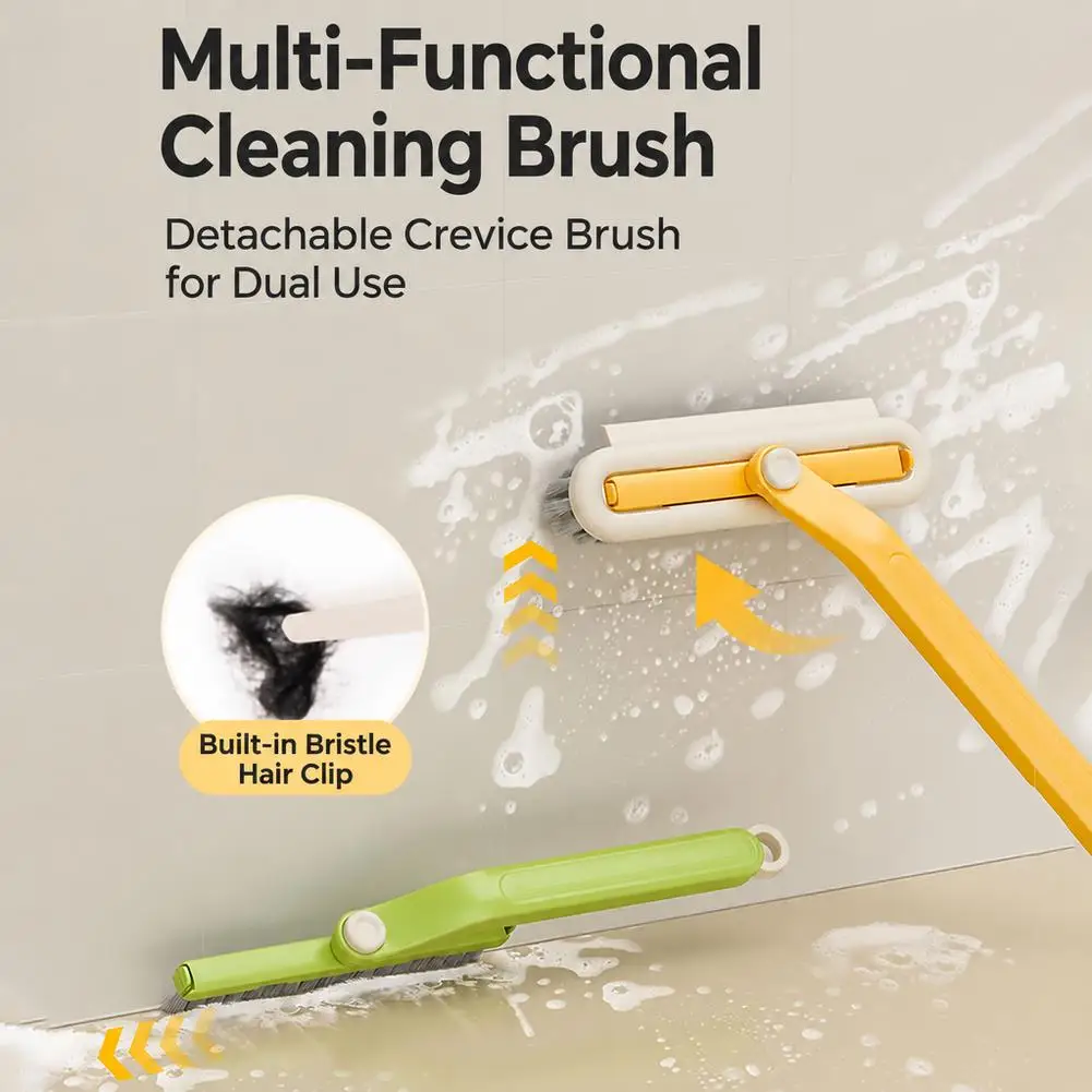 Detachable Crevice Cleaning Brush 90° Rotatable Gap Scrub Brush with Hidden Hair Tweezers & Squeegee for Bathroom Tile Window
