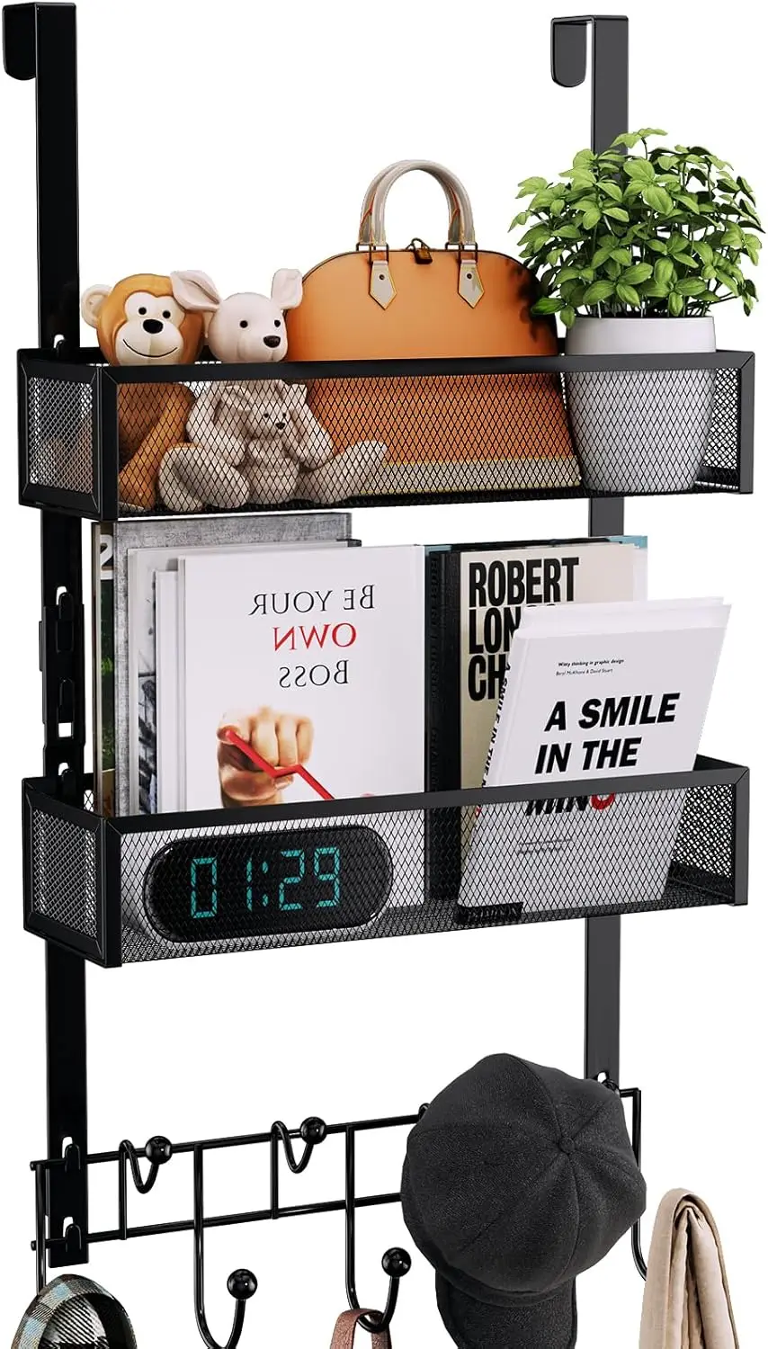 

Over The Door Hooks Organizer - Extra Long Door Hanger with 9 Coat Hooks & 2 Mesh Basket, Back