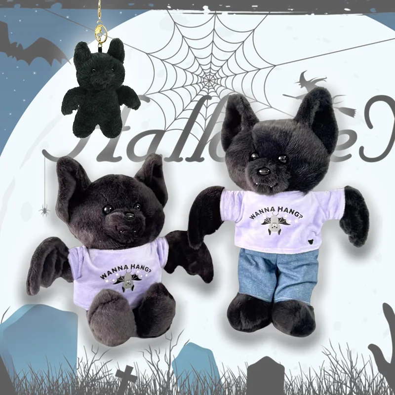 YanQing New Black Bear Posable Bat Soft Plush Toy Cute Pet Animals Stuffed Doll Halloween Christmas Keychain Plushie Gifts