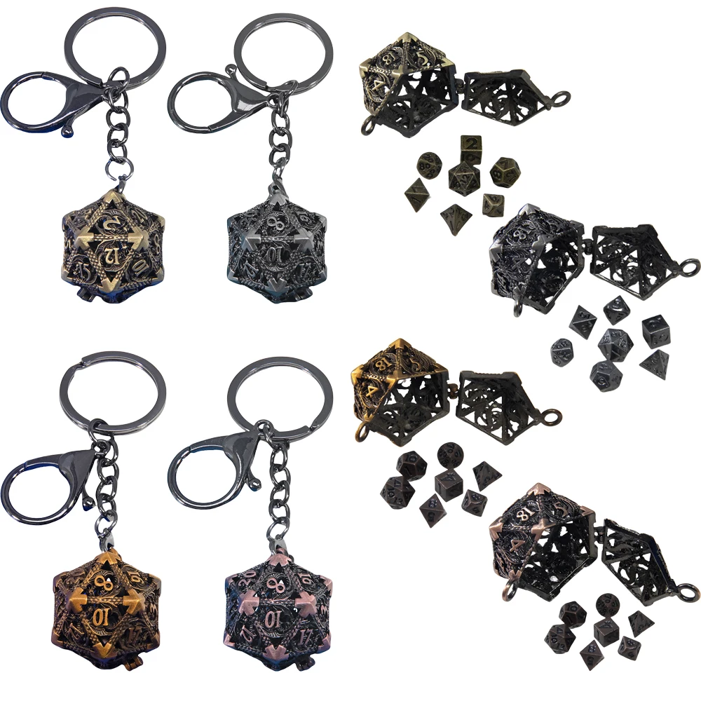

Полый футляр для игральных костей D20 с брелком + 7 шт. мини-кубики DND, металлические многогранные игральные кости для настольной игры DND RPG