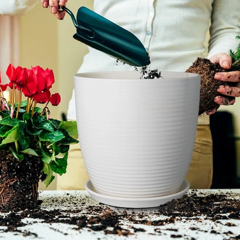 Doniczka ceramiczna 30 cm, duża doniczka z otworem drenażowym i spodkiem, okrągła doniczka na rośliny do użytku wewnątrz i na zewnątrz, biała