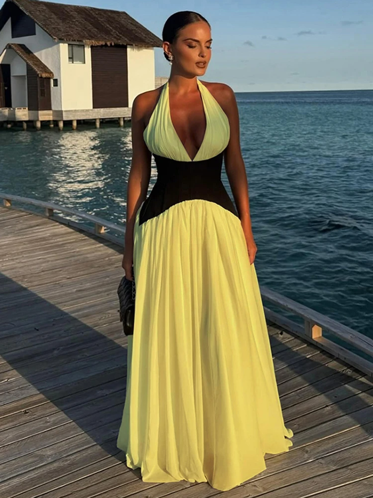 Nibber Temperament Contrast Patchwork Dress Women Halter Low-Neck Backless Ruched Ruffles Hem Vacation Beach Party Long Bodycon - Image 3
