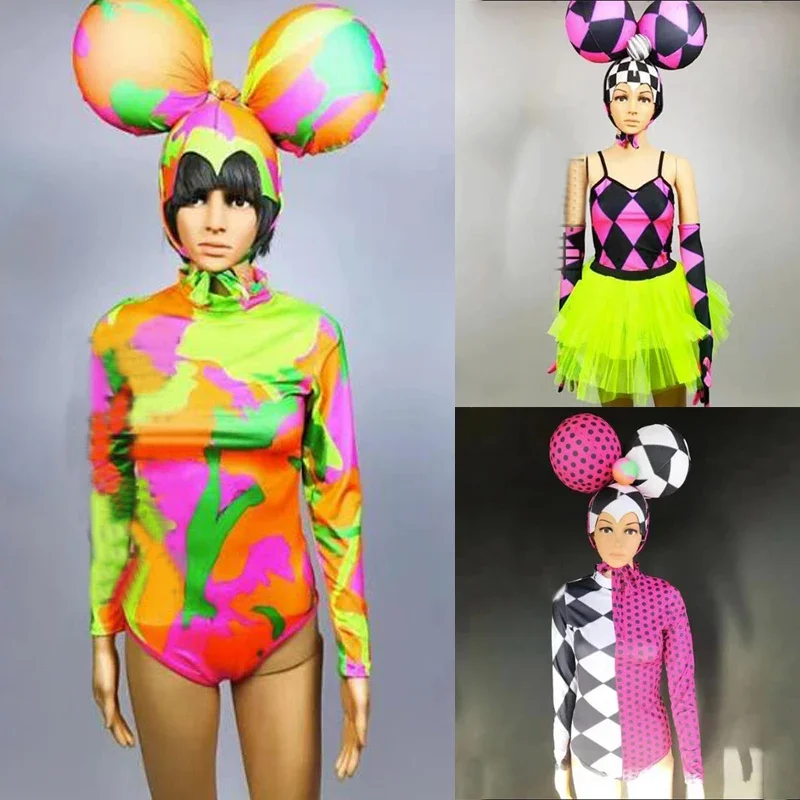 3 Styles Big Headwear Cosplay Bodysuit Women Party Gogo Dancer Costumes Bar Nightclub Ds Dj Stage Show Rave Outfit XS6944