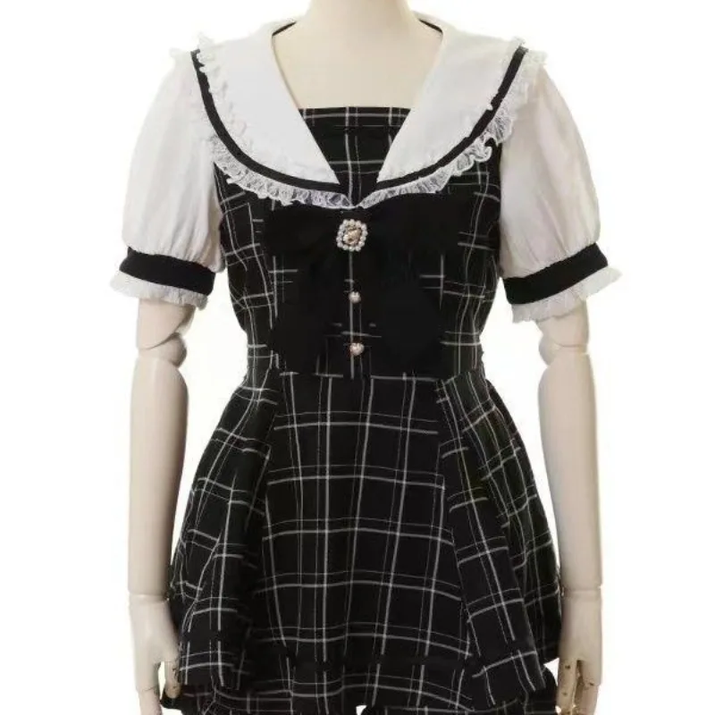 

Japanese Gothic Y2k Lolita Plaid Dress Shorts Set Women Sweet Bow Sailor Collar Puff Sleeve Party Dresses Female A-Line Dress
