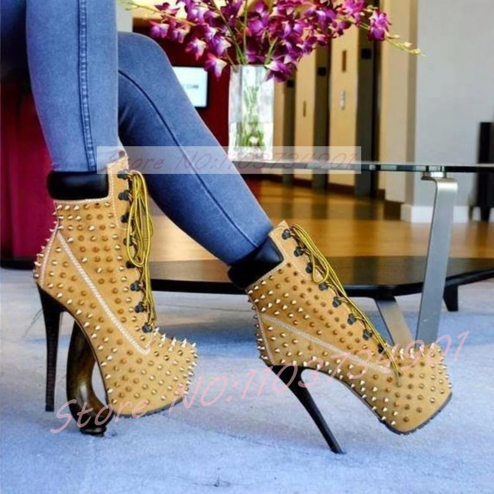 

Studded Yellow Suede Platform Stiletto Boots Women Punk Lace-Up Round Toe High Heels Boots Female Sexy Fashion Retro Ankle Boots