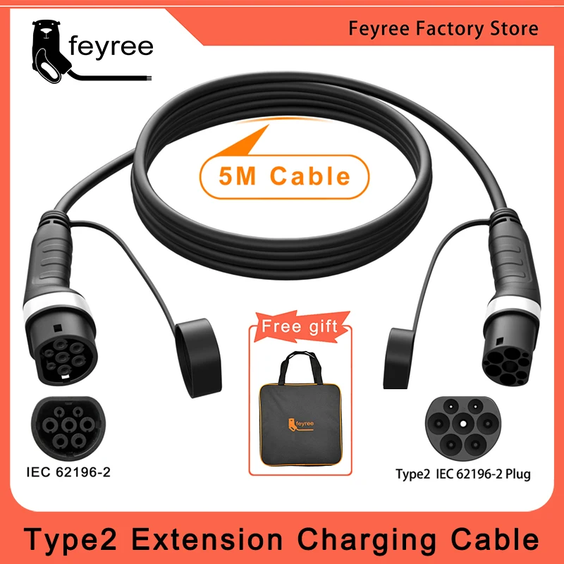 

EV Car Charger Type 2 Charging Cable Female to Male 16A 32A 1 Phase 3 Phase IEC 62196-2 Plug with 5M Cable for Electric Vehicle