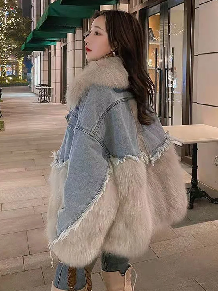 Women Winter Denim Jacket Oversize Large Patchwork Faux Fur Coat Leather & Skin Women\'s Fur Coat Thick Warm Bomber Jean Coat