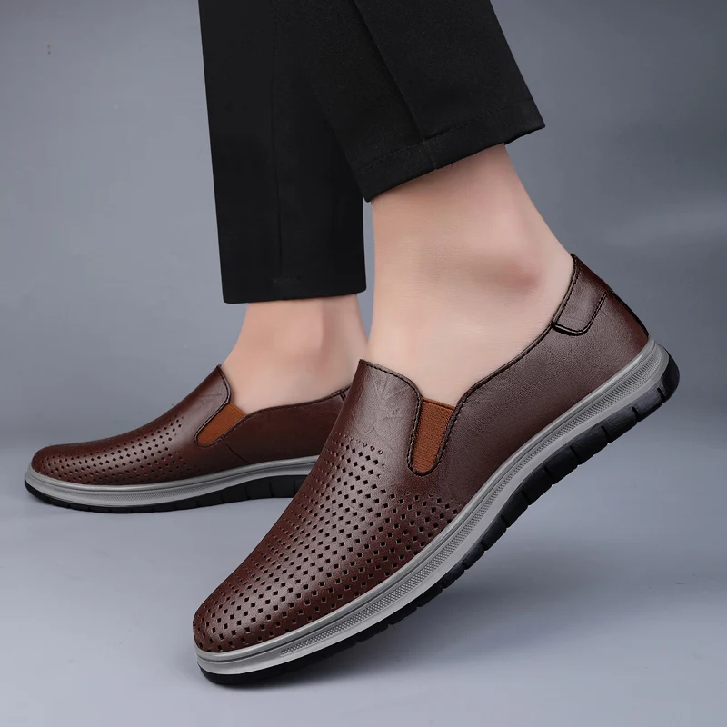 Summer Genuine Leather Men Shoes Luxury Brand Casual Slip on Formal Loafers Men Moccasins Italian Black Male Driving Shoes Men