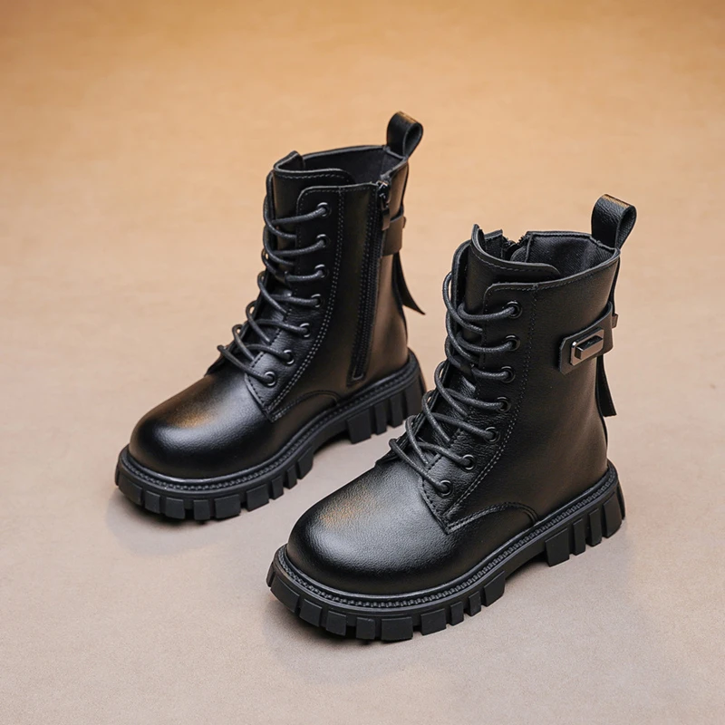 Children Fashion Boots for Girls Solid Color Versatile Non-slip Cool Britain Side Zipper Non-slip Autumn Winter Children Boots