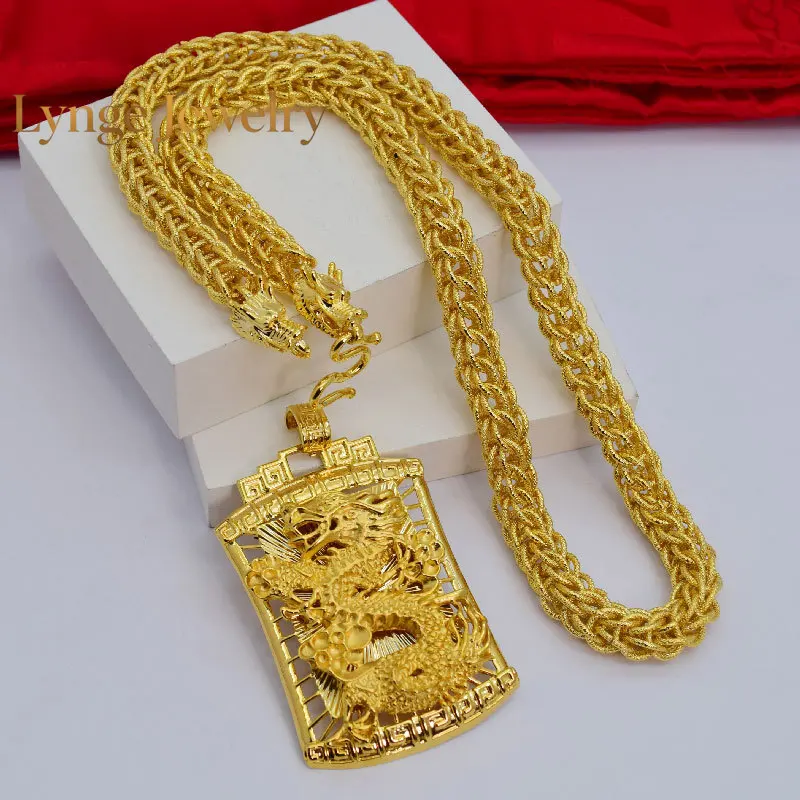 Lynge Jewelry Jin Yicheng 24K real gold men's circle cloth dragon head necklace with Longteng Sihai 9999 pendant