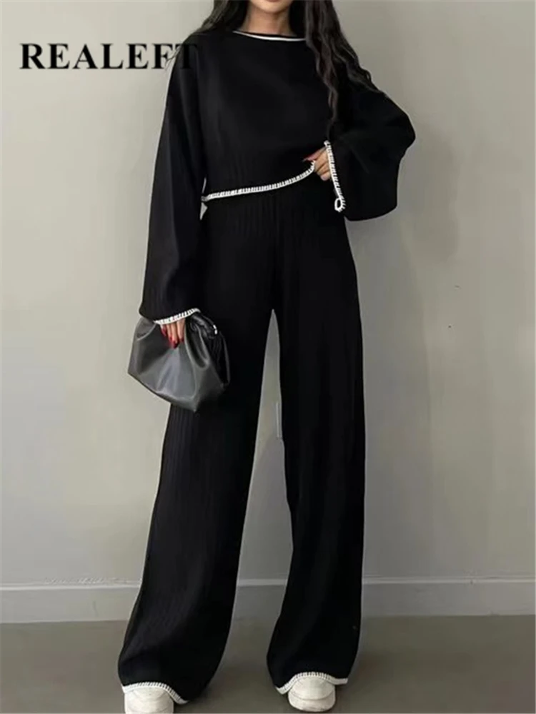 

REALEFT 2023 Autumn Winter 2 Pieces Women's Suits Knitted Tracksuit O-Neck Sweater and Wide Leg Jogging Pants Female Oufit Sets