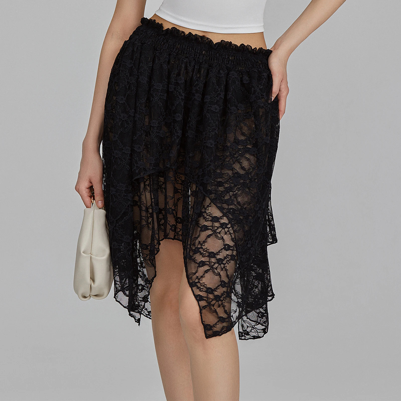 Women Summer Mini Skirts Irregular Hem Lace Floral Skirt for Daily Travel Parties