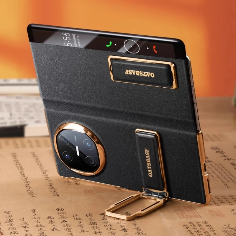 Oatsbasf Dual Strap Leather Phone Case for Huawei Mate X6 with Stand 360° Rotatable Smart View Window Slim Bumper Full Covers