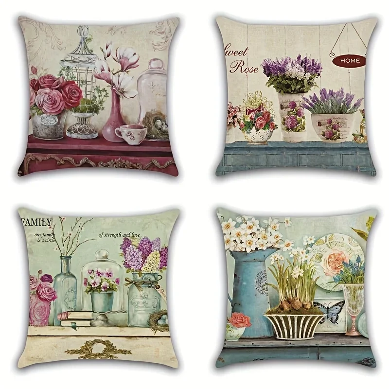 

4pcs Vintage Floral Throw Pillow Cover Cushion Pillow Case for Sofa Bed Car Living Room Home Decor Room Decor 18x18 Inch