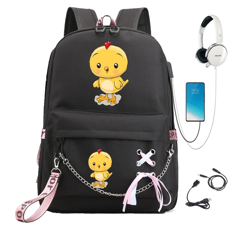 Borse da scuola per studenti zaino per bambini Anime Cartoon Cute Chicken adolescente zaino ragazzo ragazze zainetto ricarica Usb Bagpack