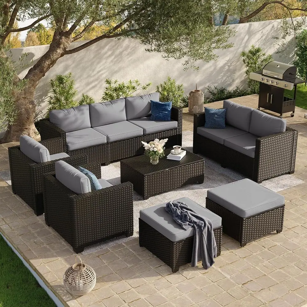 

10 Piece Outdoor Patio urniture Set 9 Seats, Outdoor Sectional with Thick Waterproo Cushions, Patio Contion Sets or Garden,Backy
