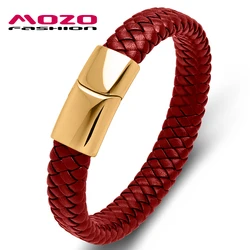 New Punk Men Jewelry Black Red Braided Leather Bracelet Stainless Steel Magnetic Clasp Fashion Wrap Bangles Lover Gifts