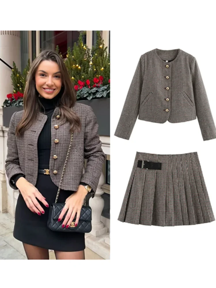 

Elegant Small Fragrance Women's Two Pieces Set Long Sleeve O Neck Single-breasted Jacket Leather Buckle Mini Skirts Lady Outfits