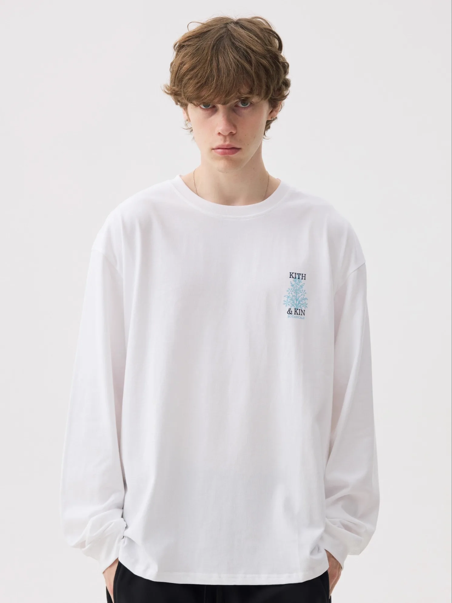 KITH Long Sleeve Pure Cotton Flocking Floral Print round Neck Loose Shoulder Men Women Couple T-Shirt Street Style Casual Wear