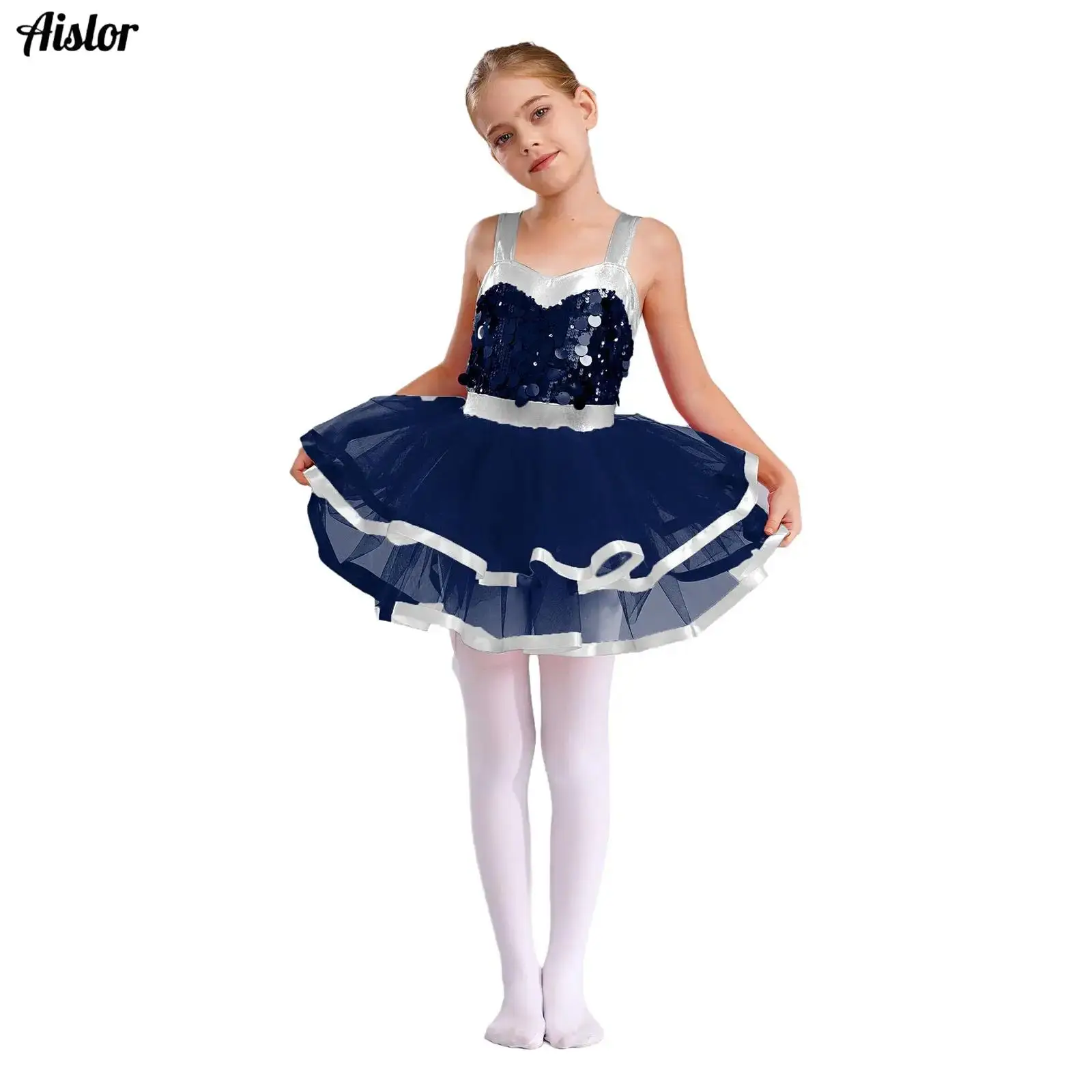 

Kids Girls Ballet Tutu Dress Jazz Latin Dance Dress Sparkling Sequins Sleeveless Color Block Dresses Stage Performance Costume
