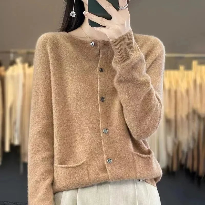 

2026 Women's Sweater Cardigan Fashion Crewneck High Quality Crimped Knit Sweater Pure Color Pocket Loose Sweater
