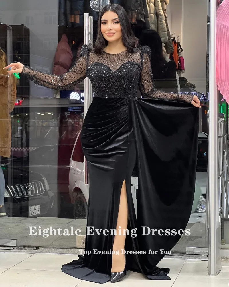 Eightale Saudi Arabic Evening Dresses Sequin Customized Long Sleeves Velvet Mermaid Prom Wedding Party Gowns Robes De Soirée