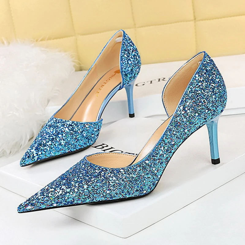 BIGTREE New Women Pumps Sequin Cloth High Heels Fashion Wedding Shoes Stilettos Sexy High-heeled Shoes Women Large Size 41 42 43