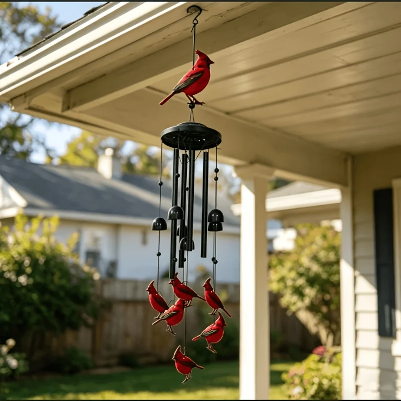 Rustic Metal Garden Art Outdoor Spaces Metal Red Bird Hanging Ornaments for Patio Vintage Metal Tubes Stirred By The Breeze Wind