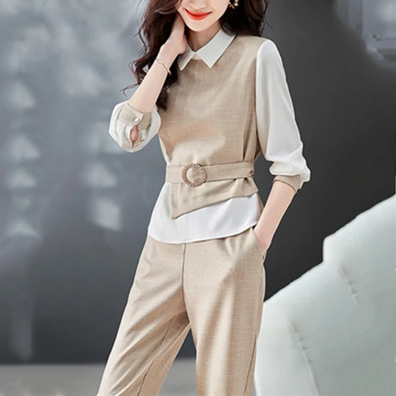 Patchwork Elegante All Match Vrouwen Broek Sets Voor De Lente Herfst 2023 Nieuwe Mode Draai Kraag Slanke Vrouw 2 Stuks Outfits
