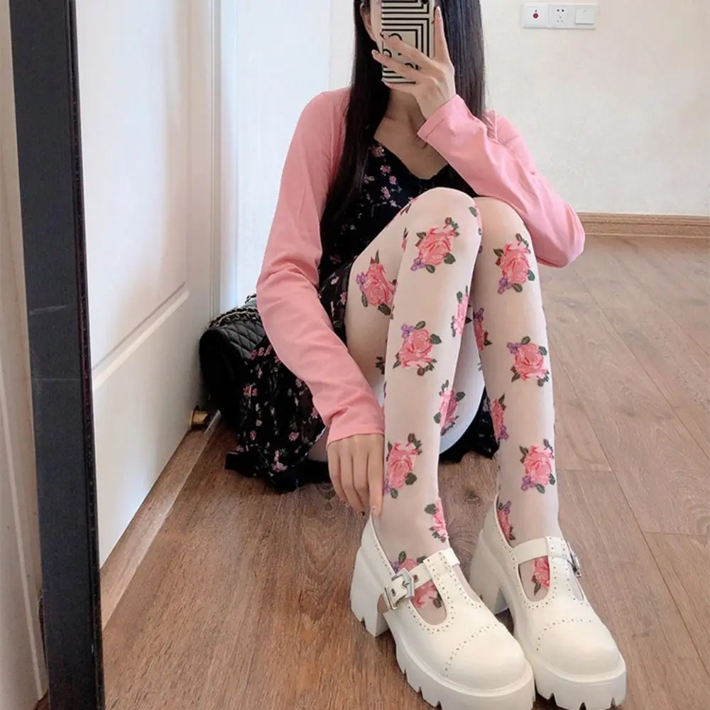 

French Embroidery Lolita Stockings Rose Pink/Black Floral Tights Thin Mesh Pantyhose Party