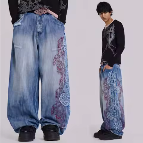Street Fashion Trend Letter Embroidered Jeans Men Harajuku Y2K New Hip Hop Joker Straight Wide-leg Pants Couple Casual Jeans