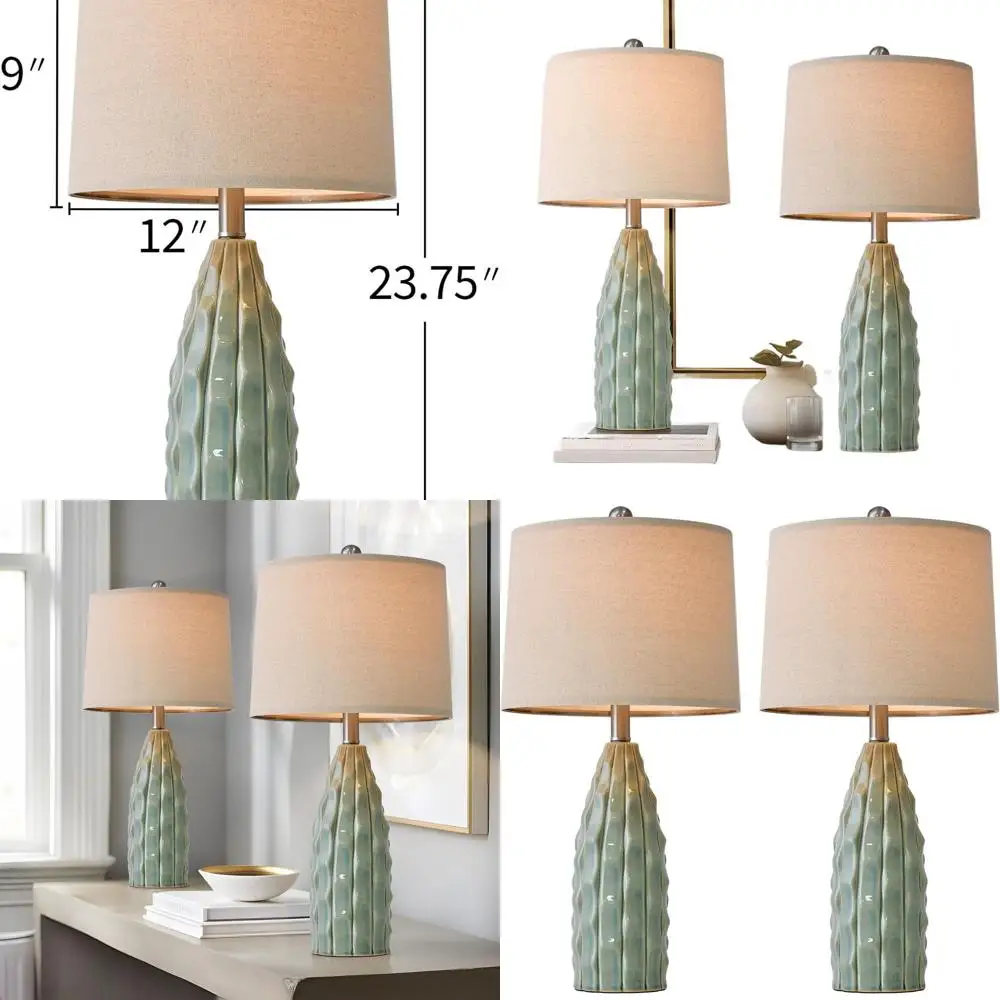 

Pair of 23.75 Modern Farmhouse Table Lamps - Green Bedroom Nightstand Lights, Boho Style for Living Room and Office Desk Decor