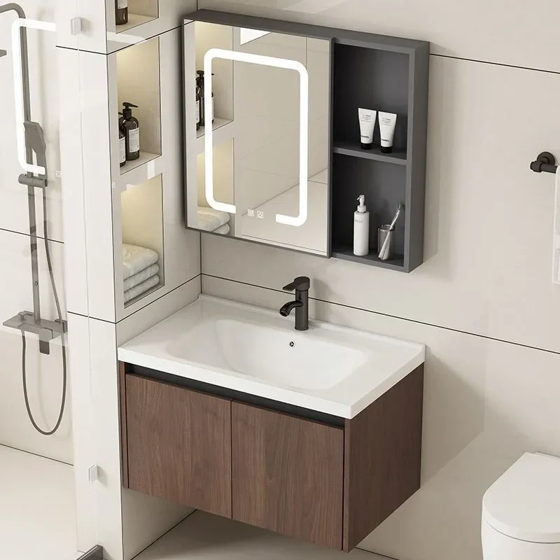 for Walnut Honeycomb Aluminum Wash Basin Bathroom Face Wash Basin Cabinet Combination Bathroom Cabinet Ceramic Integrated