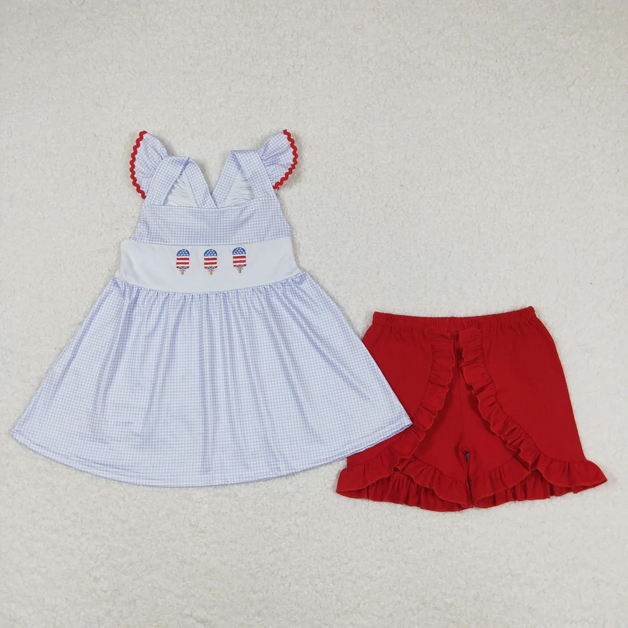 

Wholesale July 4th Kids Short Sleeves Embroidery Popsicles Plaid Tops Toddler Sets Children Ruffle Red Shorts Baby Girls Outfit