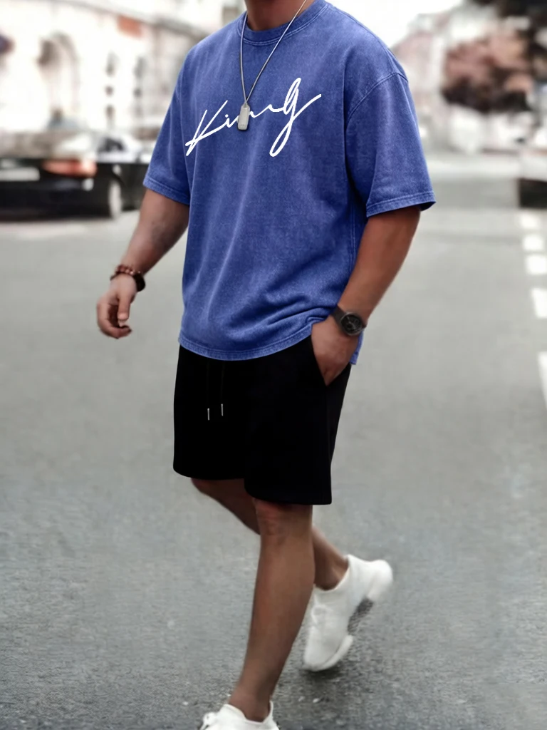 

King's Word Cursive Script Prints Cotton Washed Tee Men Fashion Short Set Summer Soft Creative Shorts Unisex O-Neck Short Sleeve