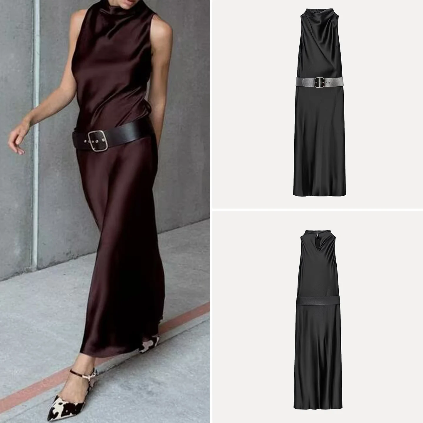 Z Faionable-vestido Midi de satén de seda con cinturón para mujer, vestido redondo Ne de cintura alta, Color puro, uso diario