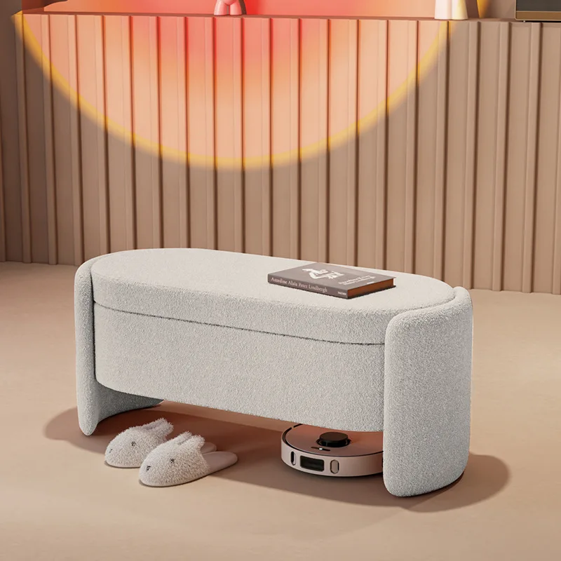 Light luxury fabric shoe changing stool, women's dressing stool, leisure bench, solid wood frame lamb wool fabric storage stool