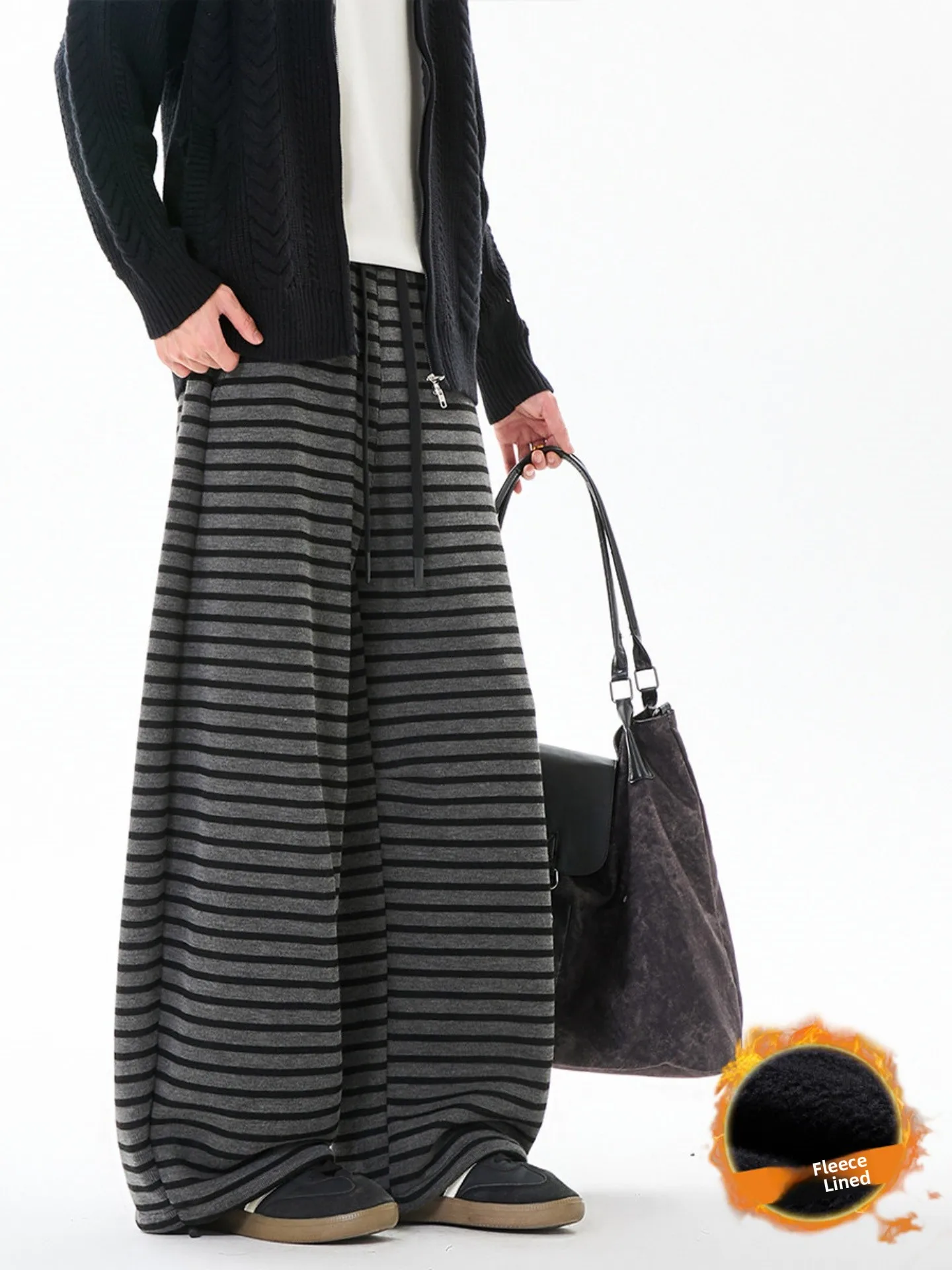 

Laid-ba Sle Men's Winter Thiened Fce Striped Loose Straight Leg Pants Wide Leg Casual Trousers Trendy Faion