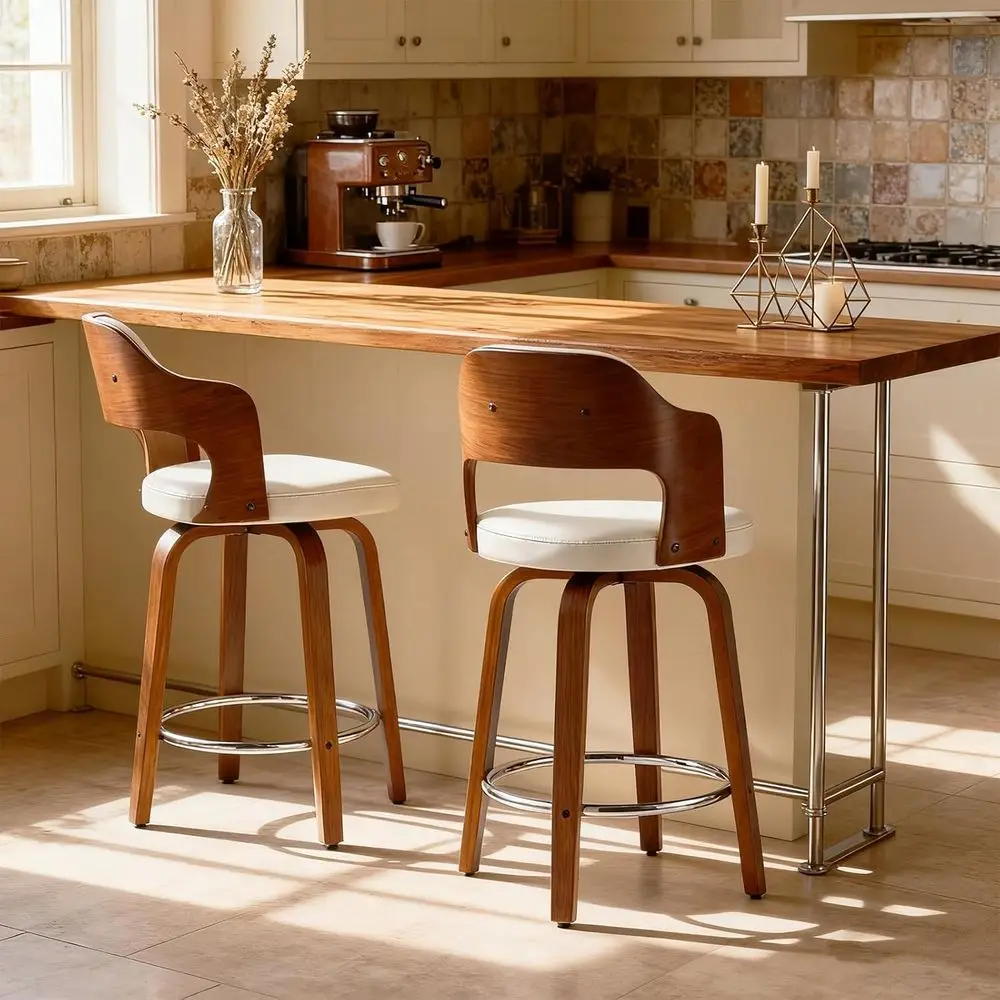 Par de 26 taburetes de bar giratorios con respaldo, polipiel marrón nogal, para islas de cocina con altura de mostrador