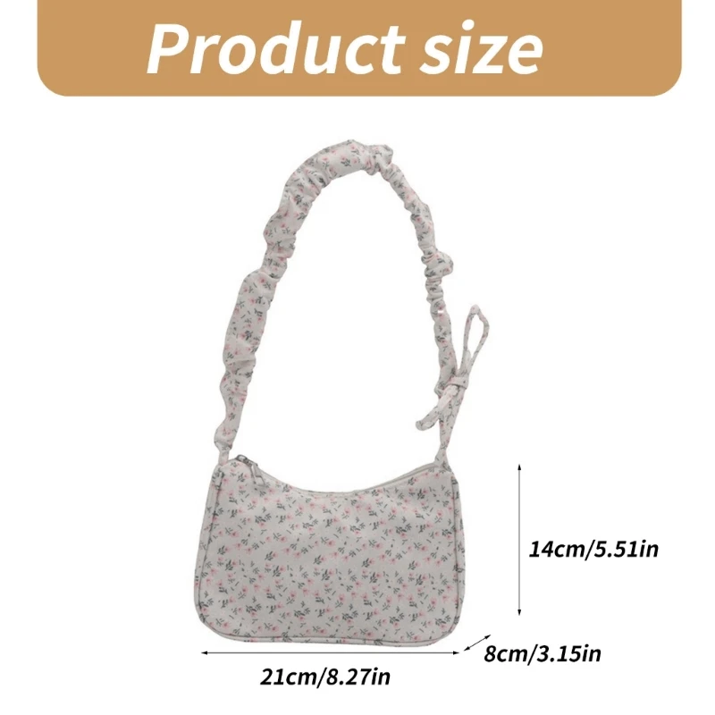 Bolso estético elegante para axila con estampado flores para mujer, bolso hombro tela plisado con lazo dulce, bolso con