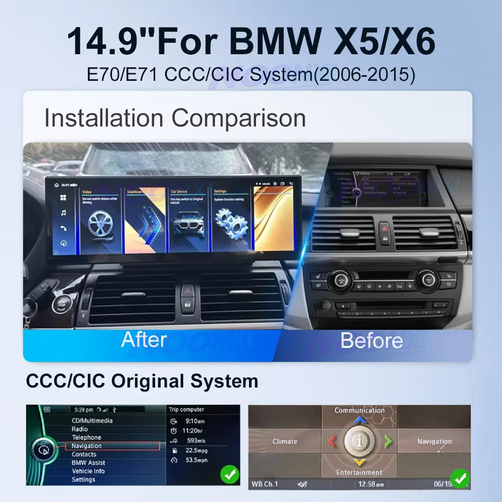 14.9'' Android14 Car Radio For BMW X5 X6 E70 E71 2007-2013 CCC CIC Wireless CarPlay Android Auto Multimedia Player 3k Screen 4G