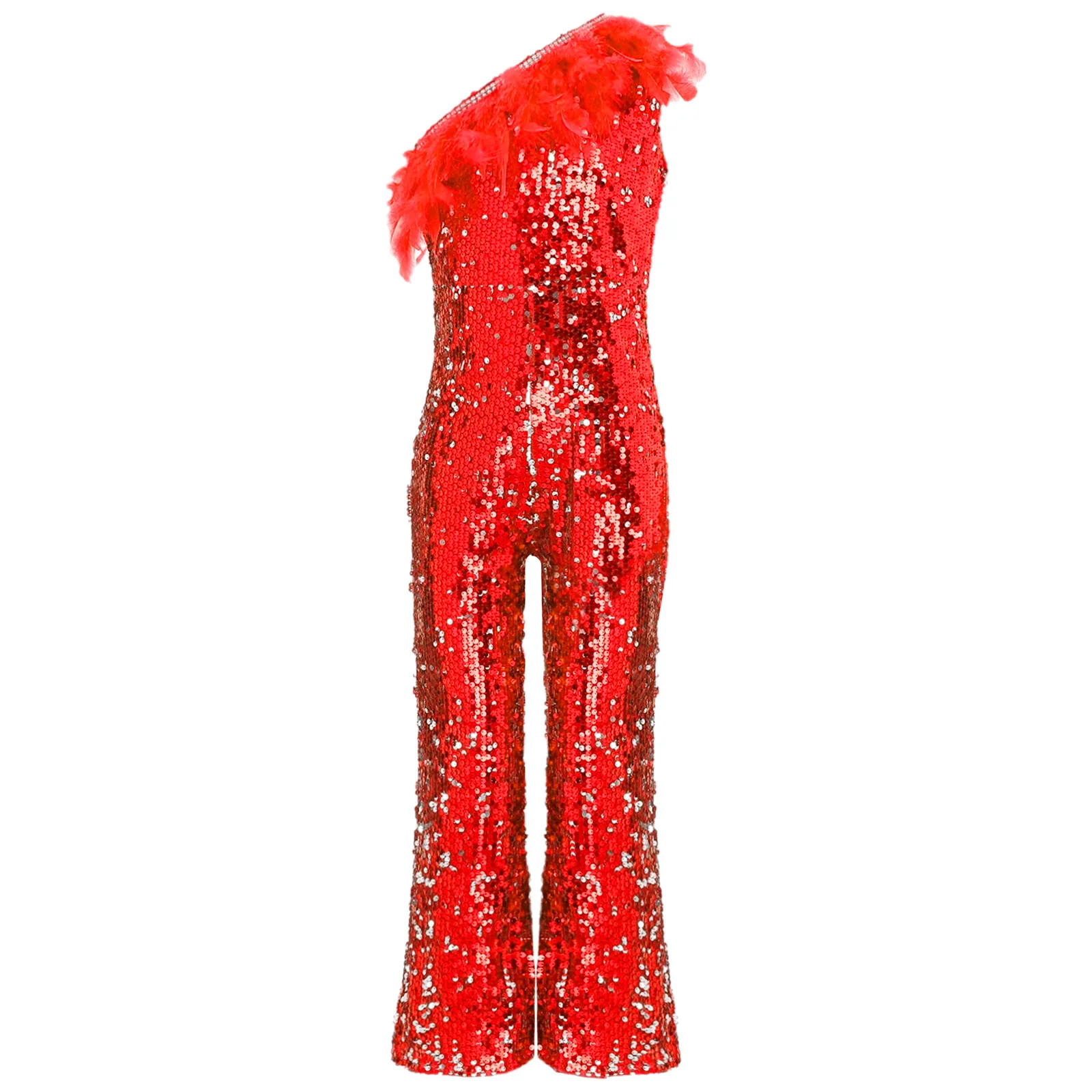 

Girls Sparkly Sequins Jumpsuit One Shoulder Sleeveless Faux Feather Dance One-piece for Banquet Pageant Wedding Prom Photography