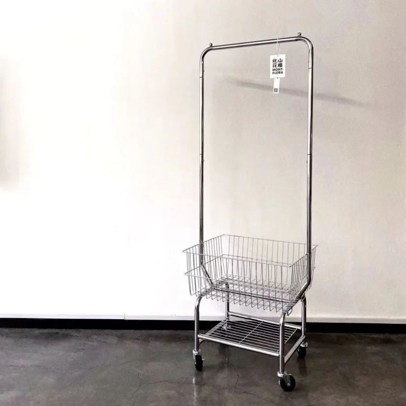 

Nordic floor-to-ceiling vertical coat rack, simple bedroom with storage basket hanging clothes rack, dirty clothes basket mobile